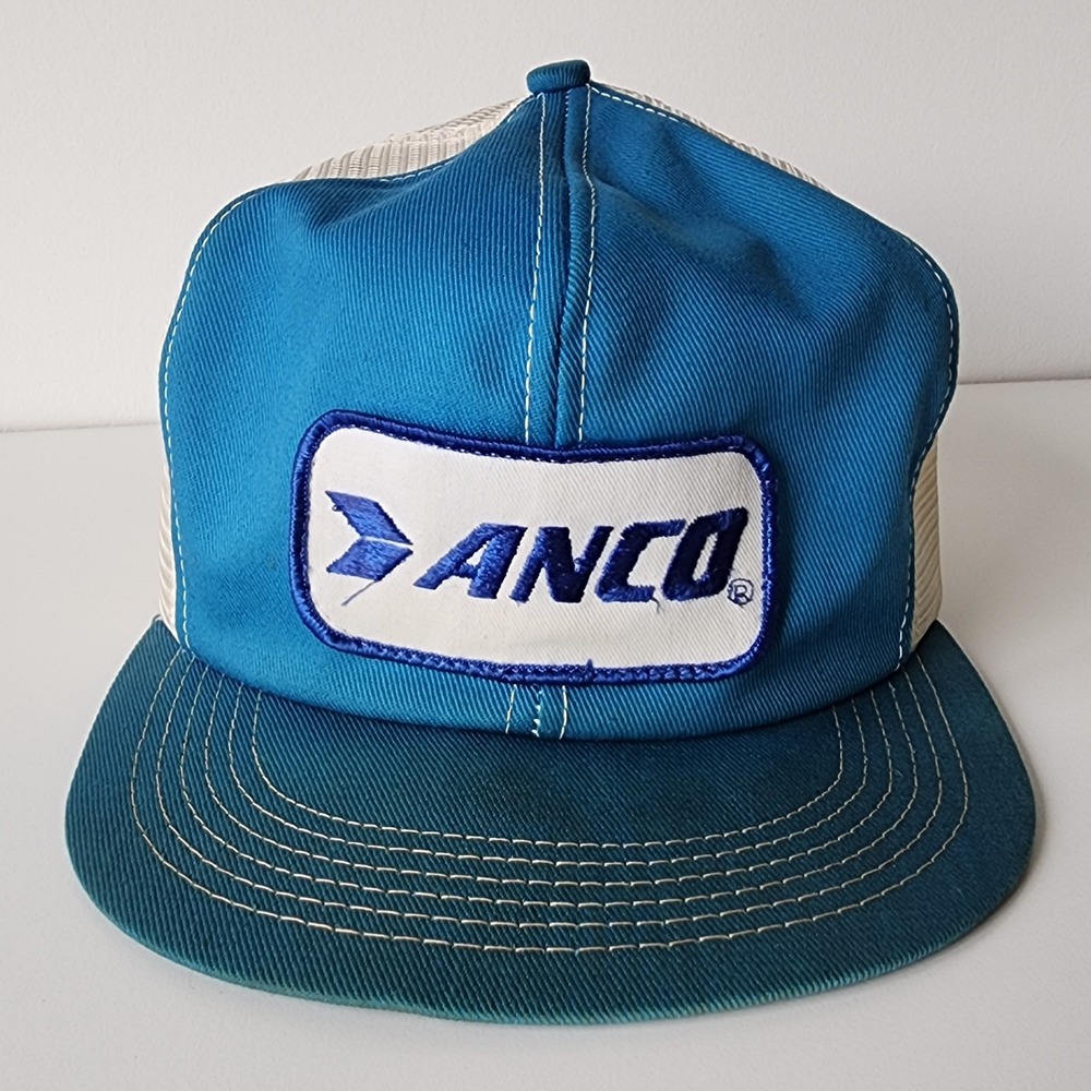 Vintage‎ Anco Trucker Hat Mesh Cap Snap Back Patch Logo Blue White 80s Workwear